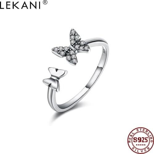 LEKANI 925 Sterling Silver Rings For Women Personality Adjustable Open Butterfly Vintage Ring Fine Jewelry To Girlfriend Gift