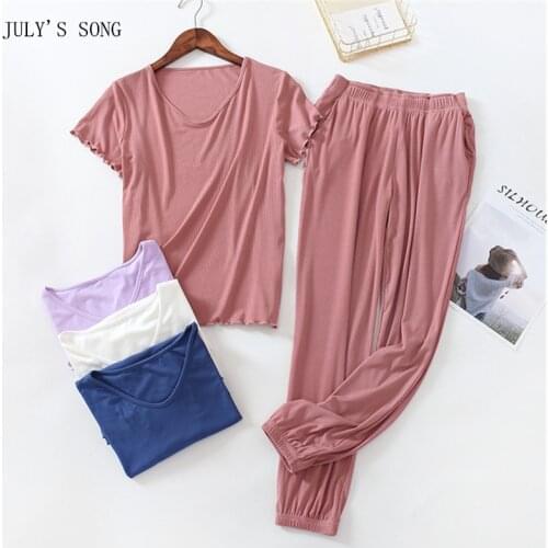 JULYS SONG Summer Pajamas Set Women Modal Casual Pyjama Solid Color 2 Pieces Sleepwear Short-Sleeved Pajamas Elegant For Woman
