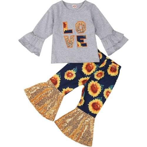 Fashion Infant Baby Toddler Kids Girls Love Pullover Tops Sunflower Flare Pants 2PCS Outfits Spring Autumn Clothing