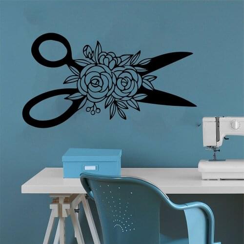 Scissors Flower Wall Decal ,Sewing Tailor Shop Wallpaper Mural,Hairdressing Salon Interior Decor, Window Vinyl Stickers, JC168
