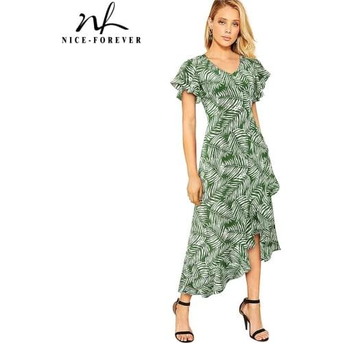 Nice-forever Summer Women Boho Leaf Print Maxi Dresses Casual Beach A-Line Flare Dress A156