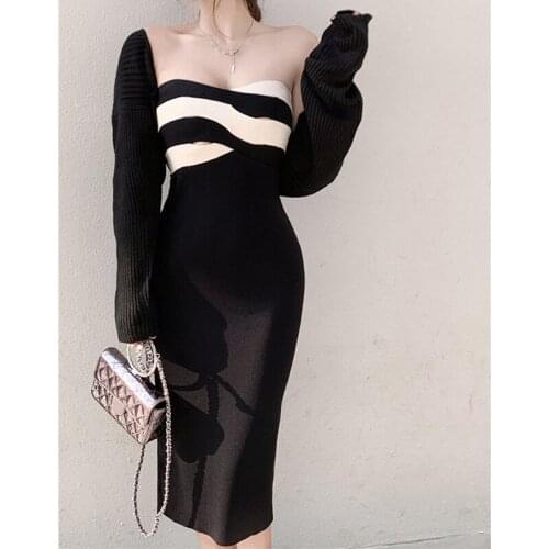 VSUE Sexy Elegant Patchwork striped Strapless Chest wrapping High Waist Black Split Bodycon Sheath Mid Calf Length Dress D3052