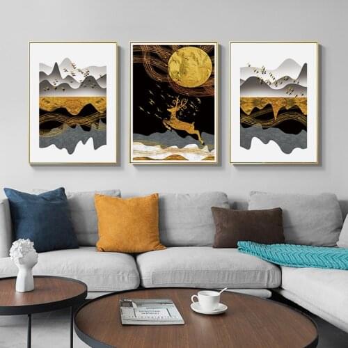 Golden Deer Birds Nordic Poster Landscape Abstract Canvas Painting Wall Art print Decorative Pictures for Living Room Home Decor