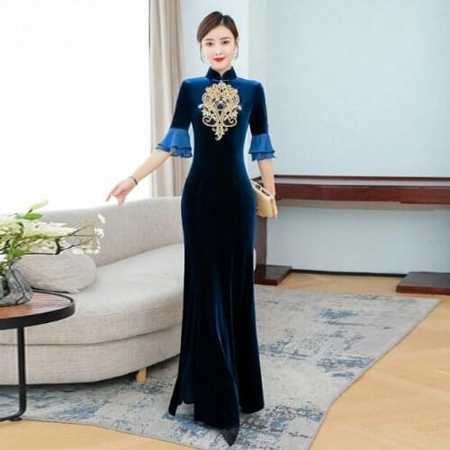 Improved Traditional Chinese Cheongsam Women Summer Dress Long Embroidered Blue