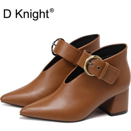 D Knight Soft Leather Women Ankle Boots Pointed Toe Footwear Thick High Heels Female Boot Party Shoes Women New 2020 Winter Boot