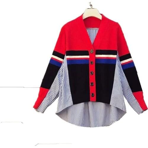 Ladies Fashion Shirts 2021 Spring New Shirt Stitching Sweater V-Neck Korean Loose Wild Long-Sleeved Sweater Women Cardigan B18