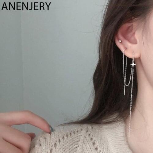 ANENJERY 925 Sterling Silver Star Long Chain Earrings For Women Simple Shiny Tassel Ear Line Wholesale