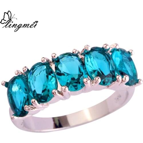 Lingmei Big Promotion Wholesale Oval Fashion Multi Blue Pink CZ Silver Color Ring Size 6-9 10 Romantic Women Jewelry