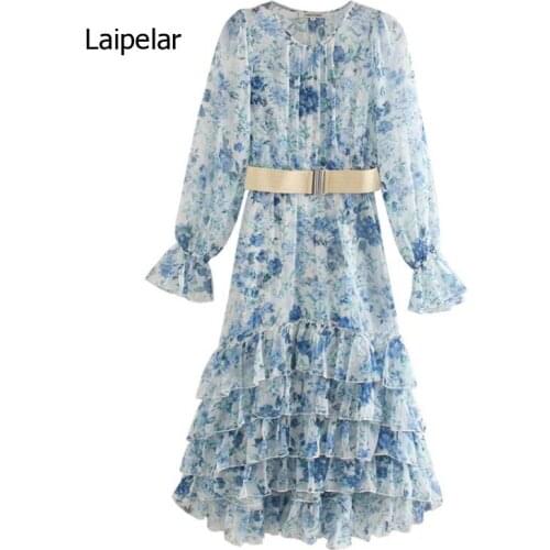 2021 European and American Womens Summer New Long Sleeve Multi-Layer Seaside Holiday Ruffle Dress