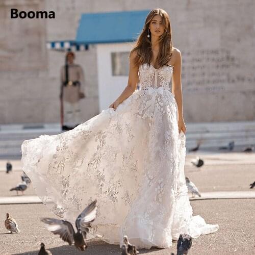 Booma Floral Lace Princess Wedding Dresses 2021 Sweetheart Appliques Bow A-Line Bride Dresses Open Back Long Bridal Gowns