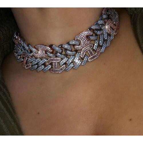 Iced out bling hip hop women jewelry 15mm width chunky cuban link chain choker necklace 5A cubic zirconia cz cubans