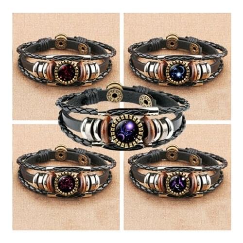 12PCS/Lot Horoscope twelve Constellation Charms Bracelets Bohemia Leather Bracelet For Women Men Nice Gifts