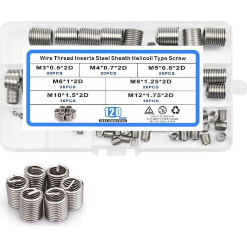 120Pcs/Box 304 Stainless Steel Wire Thread Inserts Steel Sheath Helicoil Type Screw Set Helicoil Thread Repair Insert Set
