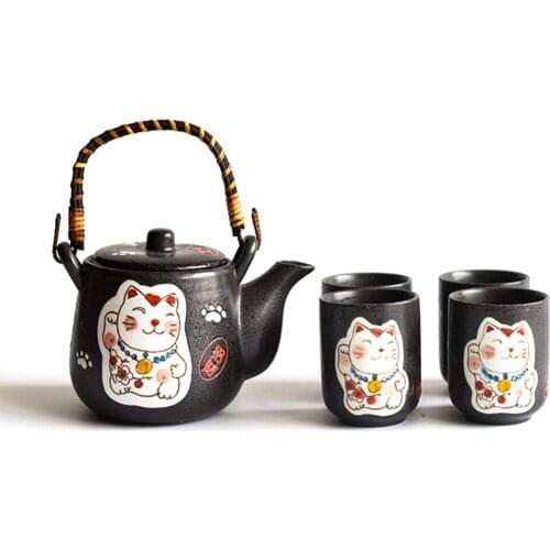 5pcs Japanese Design Lucky Cat Ceramic Teapot Cups Set With Strainer Home Decoration