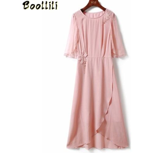 Boollili 100% Silk Summer Dress 2020 Vintage Elegant Midi Dress Women Clothes High Quality Ladies Dresses Office Dress Vestidos