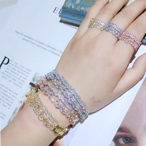 RAKOL Adjustable Size Luxry Brand Baguette Shape Cubic Zirconia Rose Gold Color Cuff Bangle&Bracelets For Women RK341P