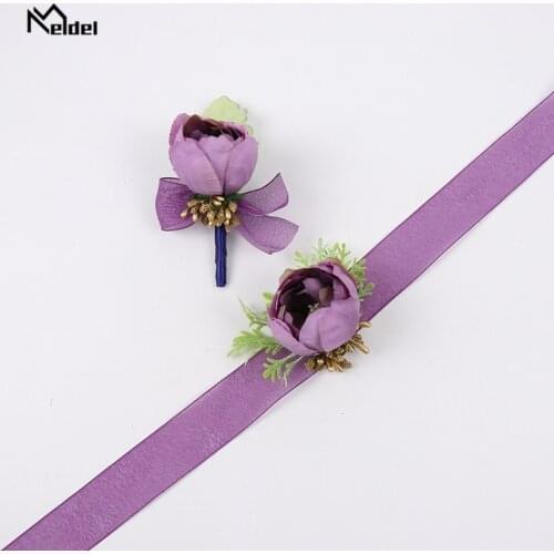 Meldel Purple Rose Boutonniere Wedding Wrist Corsage Girl Bracelet Bridesmaids Silk Flower Groomsmen Boutonniere Wedding Corsage