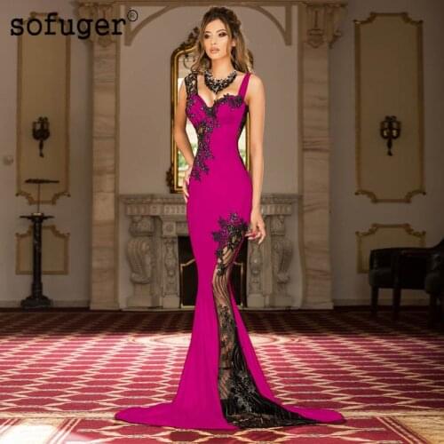 Fuschia Long Appliques Sexy Evening Dresses Spaghetti Sweetheart Dubai Arabic Saudi Arabian Evening Dresses Prom Dress Plus Size