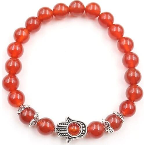 FYSL Silver Plated Hand Connect Red Agates Round Beads Elastic Bracelet for Gift Rose Pink Quartz Jewelry