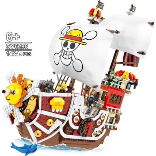 1484pcs+8Dolls anime one piece pirates ship thousand sunny boat Models Zoro/Luffy Boat Building Blocks Toys For Kids Birthday
