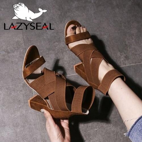 LazySeal Gladiator High Heels Sandals Women Shoes Woman Sandal Square Heels Plus Size Summer Cross-tied Sandals Elastic Band