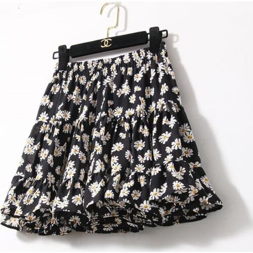 Summer Short Floral Skirt Chiffon Ruffles Tutu Skirt Women Mini Skirt Purple Black Pink Yellow Boho mujer faldas femme jupes