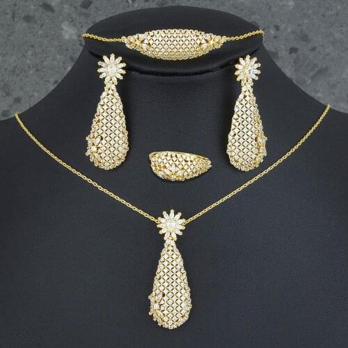 ModemAngel Luxury Water Drop Necklace Bracelet Earring Ring Jewelry Sets For Women Wedding Indian Dubai Bridal Jewelry Set