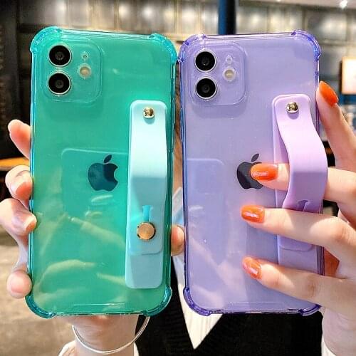 Soft Wrist Strap Phone Case For iPhone 11 12 Pro Max X XR Xs Max 7 8 Plus SE 2020 Mini Kickstand Transparent Bumper Back Cover