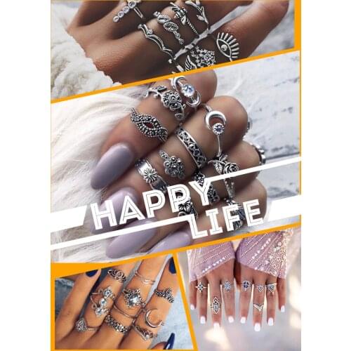 New retro rhinestone lotus love moon ring set combination female boho jewelry gift