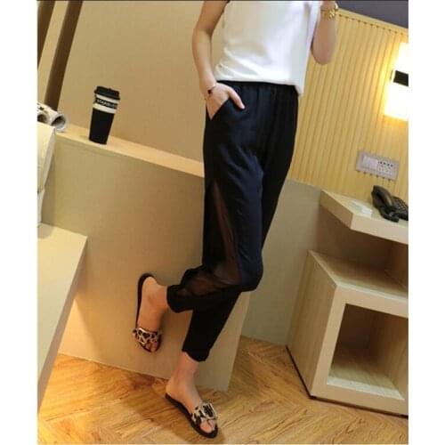 New spring and autumn black female harem pants high waist was thin nine points pants side slit chiffon perspective trousers