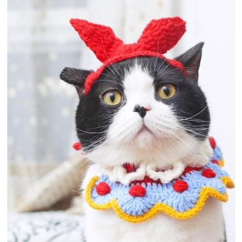 New Years Wool Knitted Cat Cute Knitted Bib Collar Bib Rabbit Ears Headdress Cat Accessories Pet Cat Accessories Pet Supplies