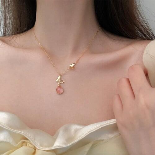 New Arrival S925 Sterling Silver Water Drop Butterfly Necklace Female Cute Romantic Design Rhinestones Chain Fine Jewelry