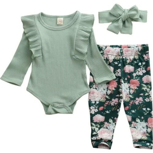 Casual Newborn Infant Baby Girl Spring Clothes Ruffle Bodysuit Jumpsuit Tops+Floral Long Pants+Headband Outfits 3Pcs Autumn Set