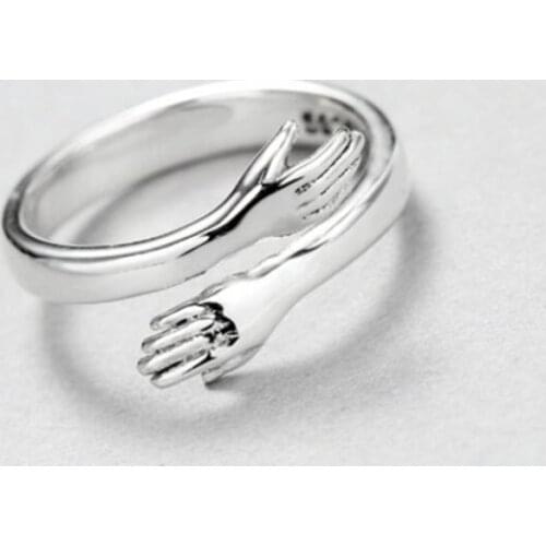 Season Gate 925 Sterling Silver Fashion Creative Hug Hands Adjustable Size Open Ring for Women Girls SR001