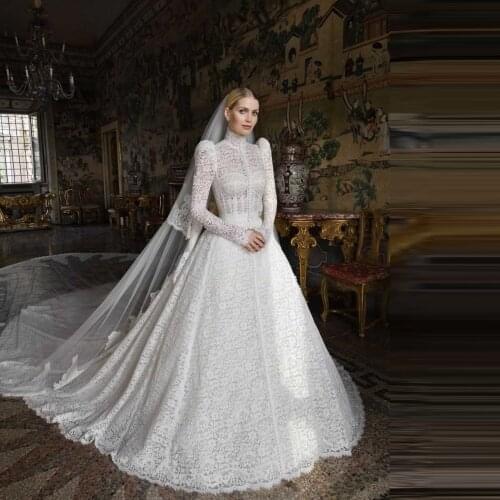 Luxury Lace Muslim Wedding Gowns High Neck Puffy Slong Sleeves Ball Gown With Long Train Custom Made Bridal Dresses