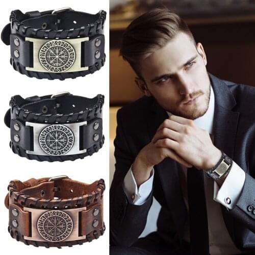 Charm Wide Leather Bracelet Men Punk Braided Rope Alloy Cuff Bangle Male Wristband Viking Bracelet Mens Jewelry
