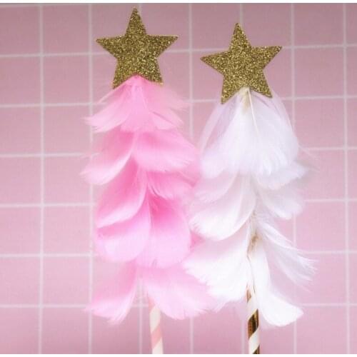 Ynaayu 1pc Feather Cake Topper Pink White Cake Insert Card Star Birthday Wedding Cake Plug-in Cake Decoration For Party Supply