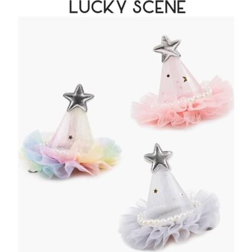 Pearl Star Pink Gauze Stereo Crown Children Hairpin Party Hat Birthday Princess Baby S00898