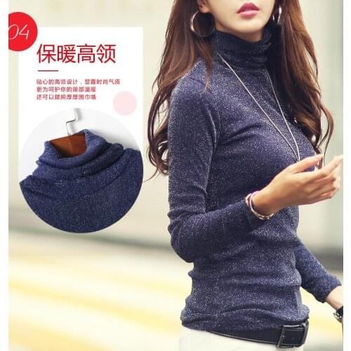 Women Shining Glitter Elastic Basic Tees Tutrleneck Long Sleeve Thicken Warm T-shirt Ladies Plus Size Winter Top S-3XL 2019