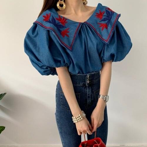 Retro Ethnic Floral Embroidery Shirt Women 2021 Summer Lantern Sleeve Loose Denim Shirt Big Lapel Loose Sleeve Denim Shirt 2021
