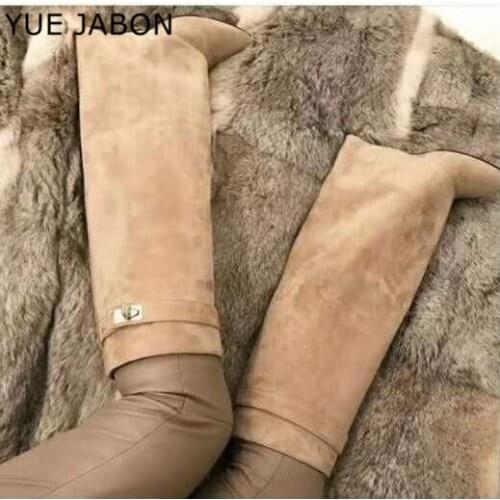 Silver Metal Shark lock Knee high Boots White Women Pointed Toe Leather Wedge Increase Height High Heel Shoes Over The Knee boot