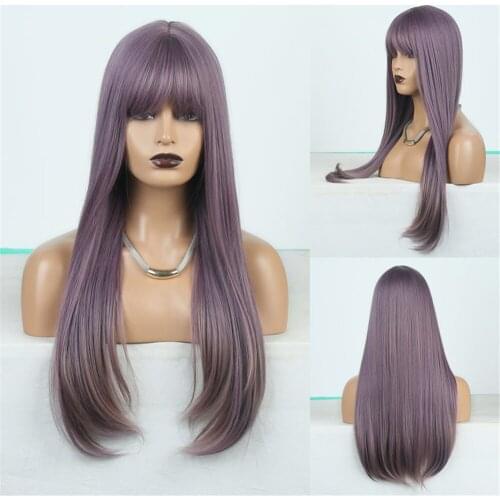 Full Bangs Wig Silky Straight Heat Resistant Fiber Hair Cosplay Wig with Bangs for Girls Women Glueless Synthetic Wig