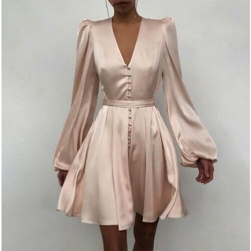 Satin Women Mini Dress Elegant Fashion V-Neck Long Lantern Sleeve Tight Waist Slim A-Line Office Lady Print Dresses Nice Summer