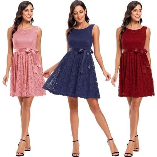 Women Sleeveless Lace Dress Summer Party Dresses Knee Length Formal Dress Fashion Backless Fit & Flare Dress Vestidos New