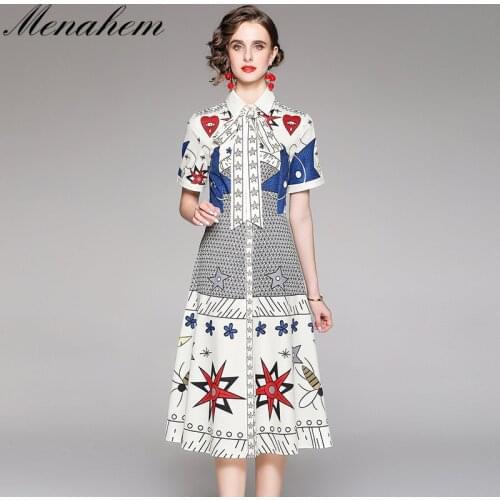 Menahem Runway Cartoon Cute Print A Line Shirt Dress 2021 Summer Women Short Sleeve Button Down Bow Lace Up Party Vestidos