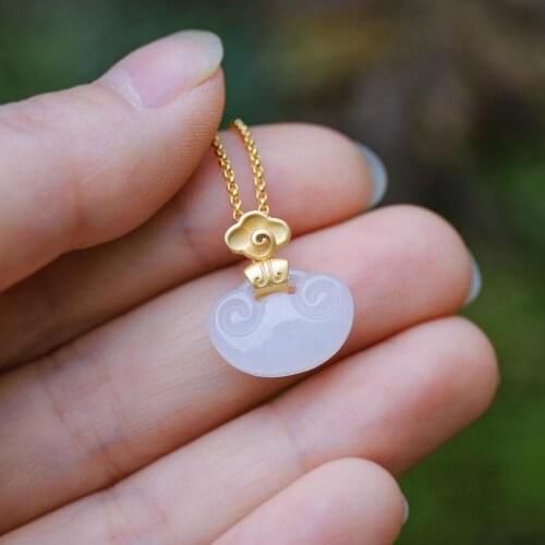 Jingle Natural Hetian Jade White Jade Pendant Ruyi Jade Necklace S925 Sterling Silver Au950k Gold Jade Pendant Womens