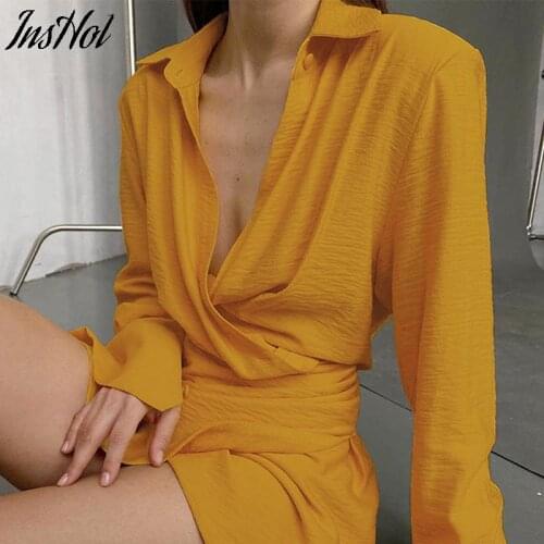 Women Sexy Draped Mini Shirt Dresses Autumn 2021 Elegant Oversized Dress Wrap Ruched Mini Dress Fashion Outfits