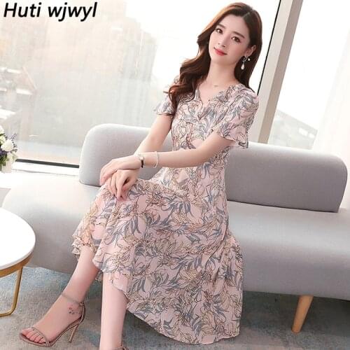 Spring Summer New Plus Size Runway Dress Elegant Women Bodycon Party Vestido 2021 Vintage Print Pink Chiffon Boho Beach Sundress