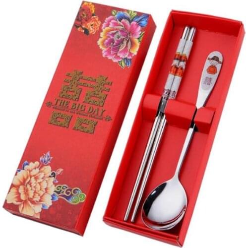 200pcs/lot Stainless Steel Dinnerware Double Happiness Red Color Spoons Chopstick Sets Wedding Party Gifts For Guest SN727