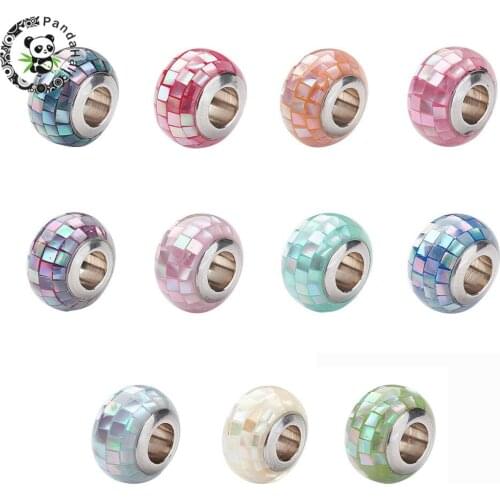 1pc Stainless Steel Resin European Beads For Jewelry Making with Shell and Enamel Rondelle Large Hole Beads 12x8mm, Hole: 5mm